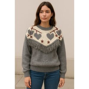 Huntington Ridge x Vintage 90s Knitted By Hand Heart Tassel Folk Sweater